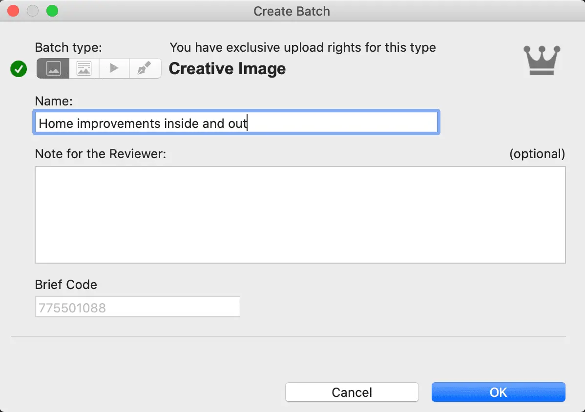 Create Batch Window for Creative Brief