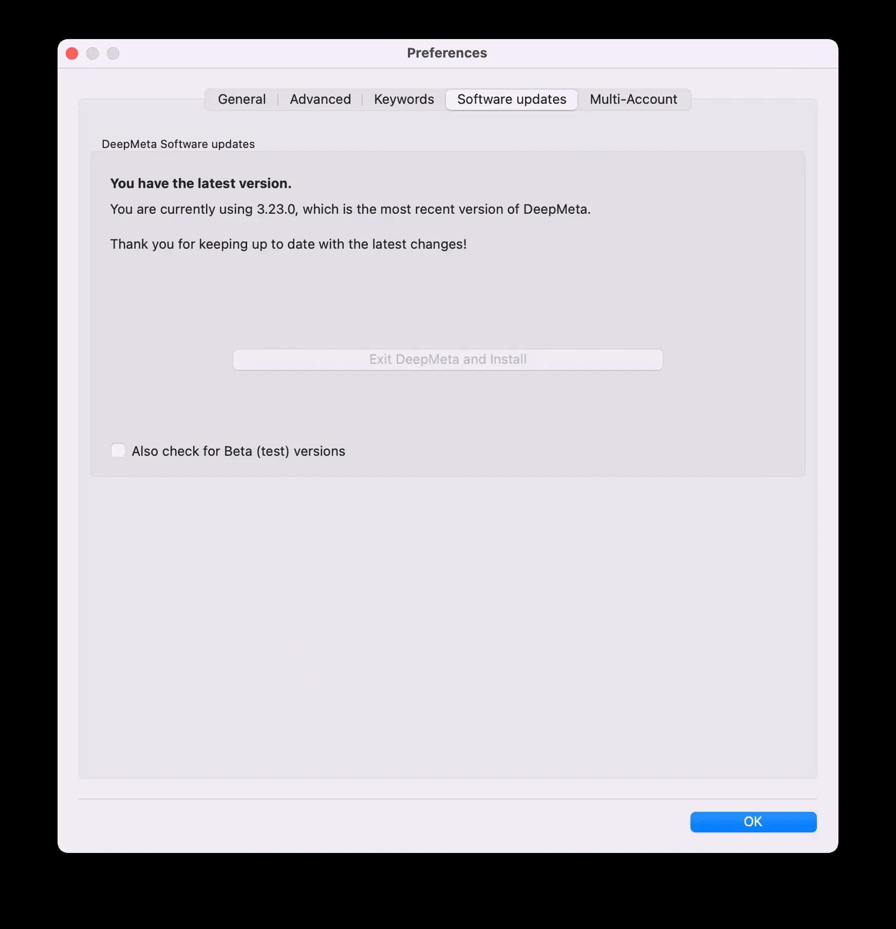DeepMeta Preferences - Software Updates Tab