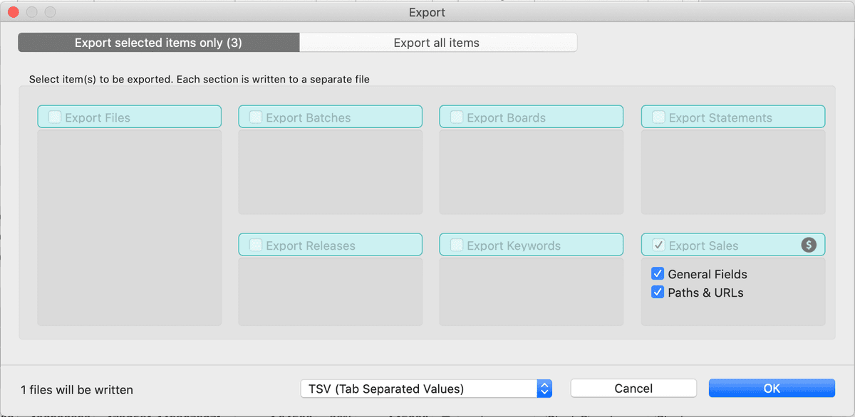 Export Selected Items Dialog