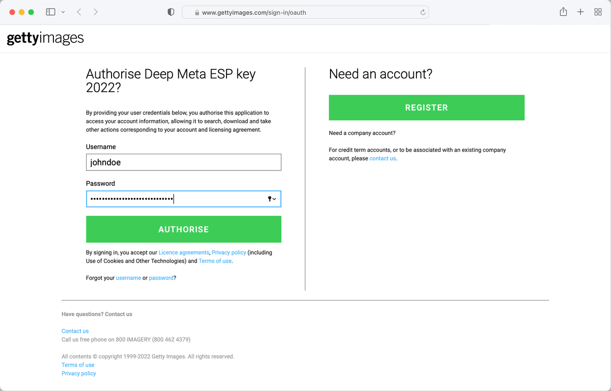 Getty ESP Login Form in Browser